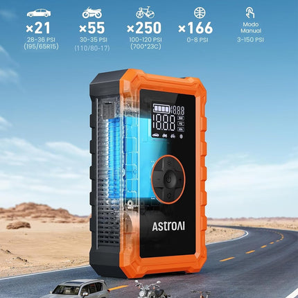 AstroAI - Arrancador portátil para auto con compresor de aire, pico de 1500 A